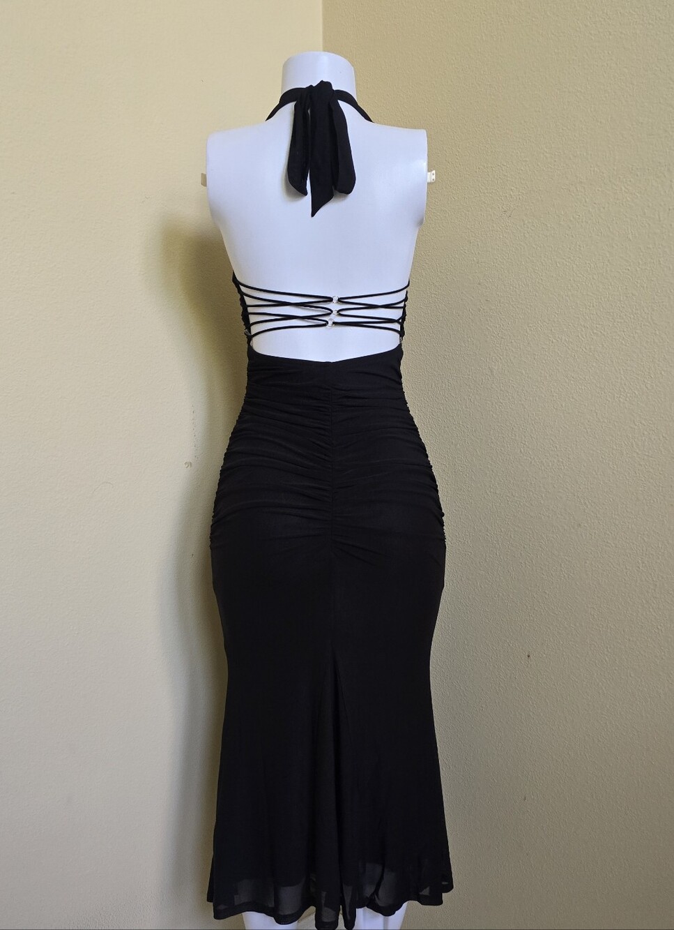 Ruched Black Midi Dress with Strappy Back